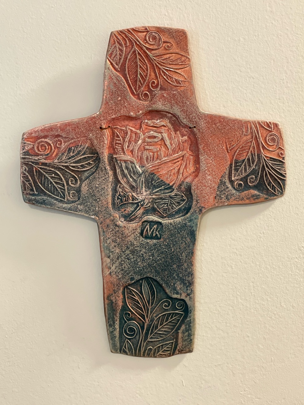 Handmade Studio Pottery Rose Wall Cross Signed MK 11” x 9”